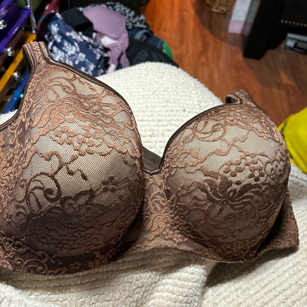 Cacique Brown Lacey Full Support Moulded Cups Comfort Straps Bra Size 44DD